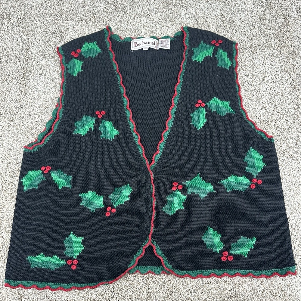 Vintage Bechamel Womens Medium Christmas Holly Sweater‎ Vest Embroidered Holiday